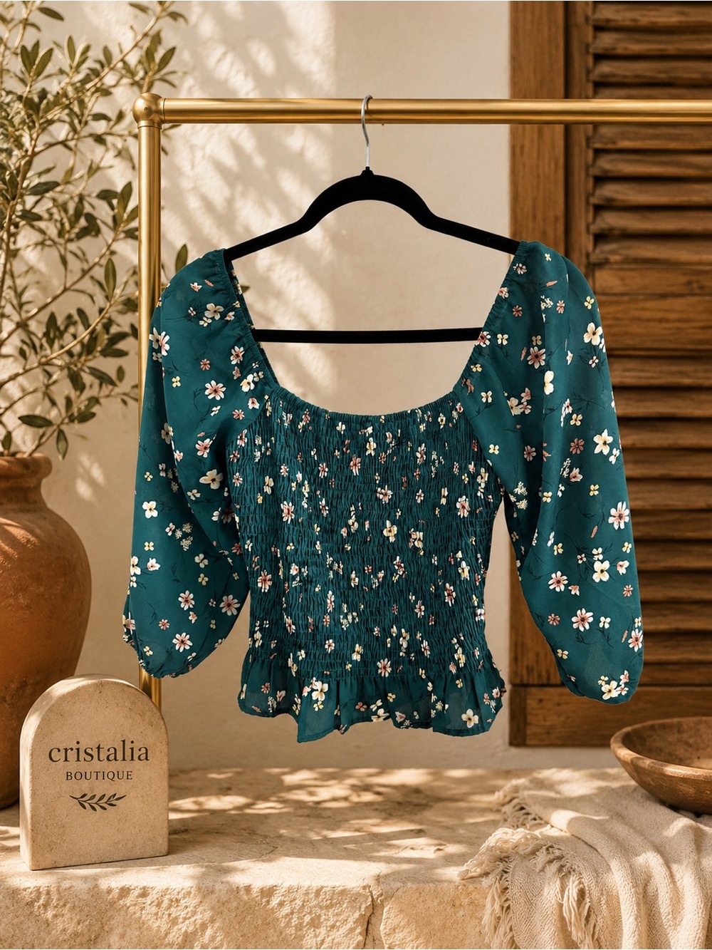 Paper Crane Emerald Floral Smocked Peplum Blouse XS |